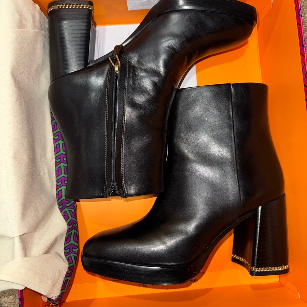 Tory Burch Black Leather Ankle Booties with Gold Detail
